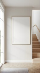 Sunlit Modern Hallway with Blank Vertical Frame Mockup and Diagonal Shadow Play.