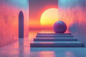 Colorful minimalist design with abstract figure in geometric architectural setting