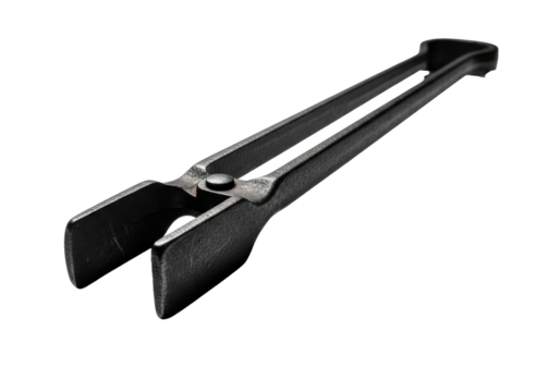 Close-up of rugged, dark cast iron fireplace tongs with oxidized patina on a transparent studio background with dramatic shadows, ample copy space. Concept of enduring utility and history