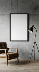 Urban Loft Mockup Blank Vertical Poster on Raw Concrete with MidCentury Armchair and Lamp.
