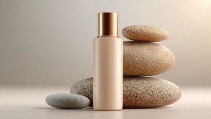 Beige bottle, golden cap, atop stack of stones
