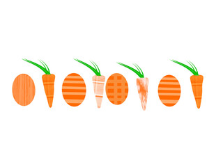 Row of carrots and easter eggs orange with mixed textures on white background