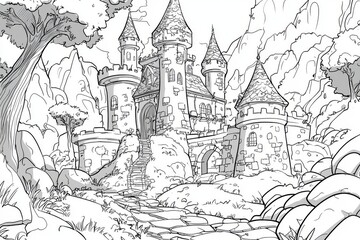 Fototapeta premium Cartoon enchanted castle coloring page for kids, simple black and white outline illustration with strong lines on white background