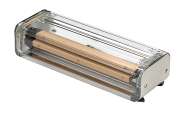 Transparent rectangular device with light beige/gold interior components