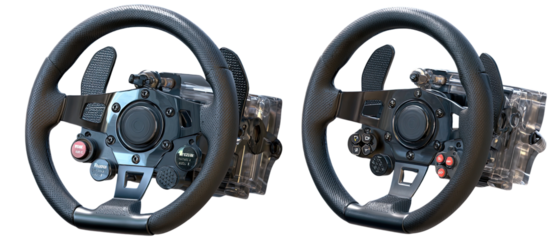 Two dark gray racing wheel controllers with many buttons and controls