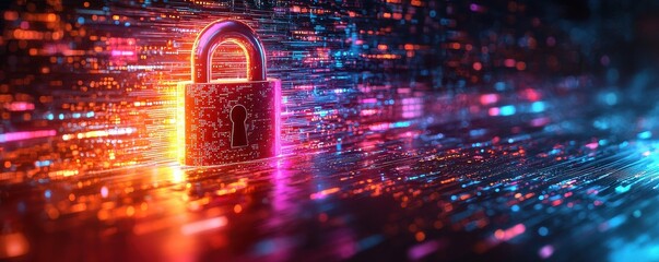 A futuristic digital padlock depicted with colorful glowing lines and light effects