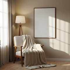 Cozy Interior Scene Armchair with Blanket Blank Frame and Warm Sunlight.