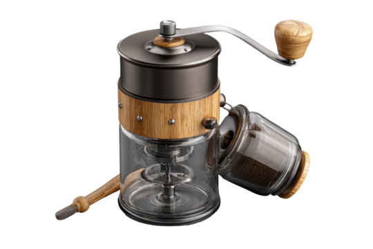 A vintage-style coffee grinder, showcasing a dark gray metal casing, light wooden accents, and clear plastic components.