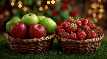 Juicy Red Apples and Strawberries in Rustic Baskets