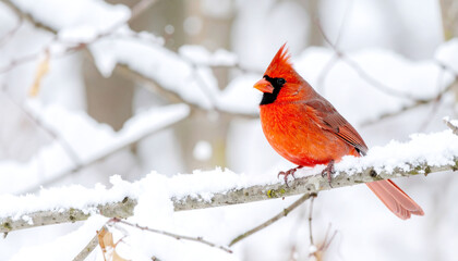 Northern Cardinal Perched on Snow-Covered Branch During Winter