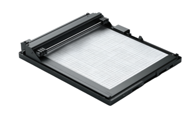 Dark gray flatbed scanner with paper