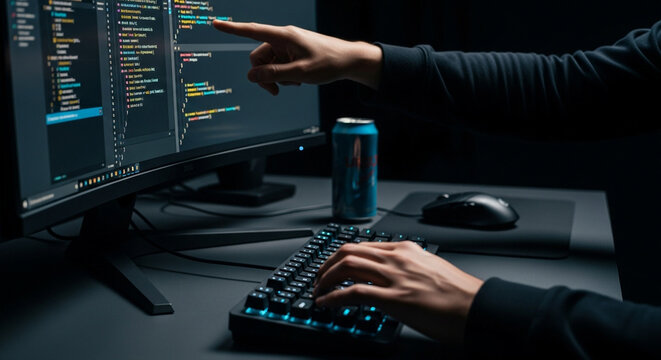 A team of software developers collaborates on code pointing at a computer screen in a dark office a perfect image for programming teamwork and tech innovation