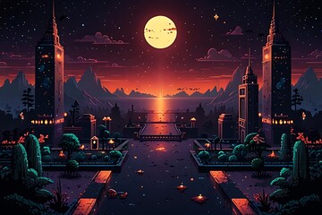 A mesmerizing pixel art landscape of a retro city bathed in moonlight, reminiscent of classic arcade games and vintage computer graphics