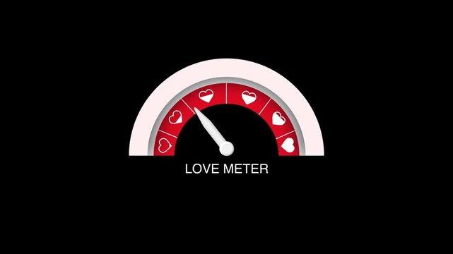 Love meter heart indicator animation on black background.  Risk love heart speedometer icon or sign with arrow. Love gauge scale. hearts with love meter

