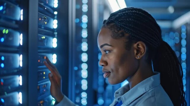 Young IT Professional Configuring and Monitoring Server Hardware in Data Center Server Room, - Powered by Adobe