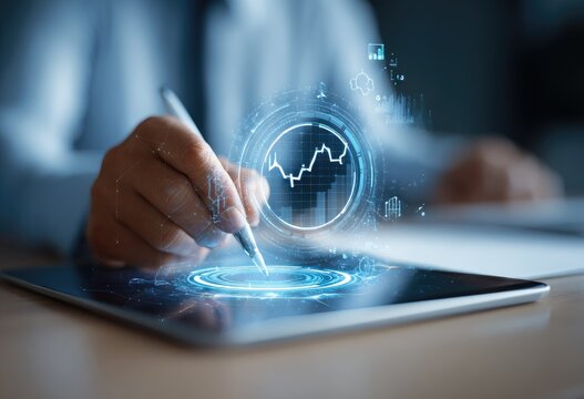 A person in a lab coat uses a stylus to interact with a tablet displaying a holographic financial graph.  Hovering graphic elements suggest data analysis