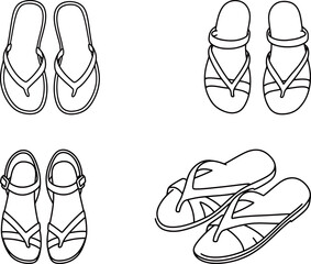 Set of stylish flip-flops and sandals. Four black and white vector illustrations of different casual summer footwear, perfect for fashion designs, product catalogs, or e-commerce graphics.