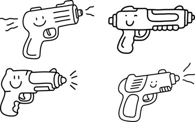 Set of cute cartoon water pistols. Four unique and playful vector illustrations of toy guns with smiling faces and water splashes, perfect for summer, kids, or fun graphics.