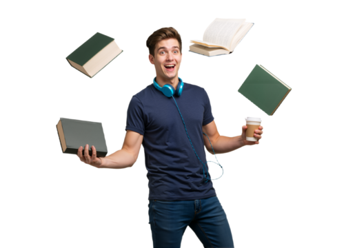 Young man juggling books and holding a coffee cup, happily studying, a concept of education and productivity - Powered by Adobe