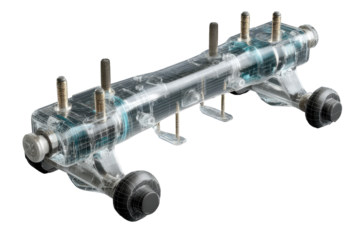 Transparent, 3D rendering of a complex mechanical system.  A long, horizontal assembly, likely a chassis or subsystem, is depicted with internal components clearly visible.