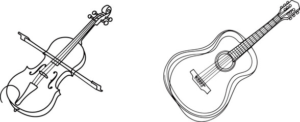 Vector illustrations of musical instruments. Two black and white line art drawings of a violin with a bow and an acoustic guitar, perfect for music-themed designs, logos, or education. © 张锋