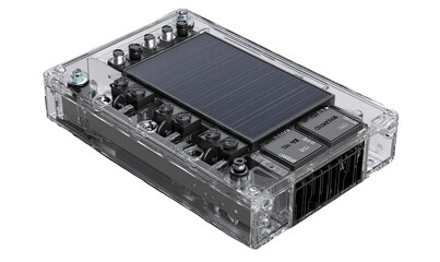 Transparent enclosure housing a solar panel, circuit board, and components. A clear plastic box reveals internal electronic parts, including a solar panel, transistors, and connectors