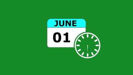01 JUNE month calendar icon with symbol. Simple calendar icon animation and date change of time month. Calendar icon Sign on GREEN background. Calendar Pendulum Animation