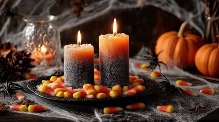 Close-up Halloween scene with pumpkins and glowing candles on a chair,