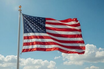 Fototapeta premium US flag waving, sunny sky, clouds, patriotism