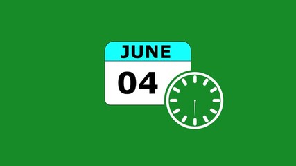 04 JUNE month calendar icon with symbol. Simple calendar icon animation and date change of time month. Calendar icon Sign on GREEN background. Calendar Pendulum Animation