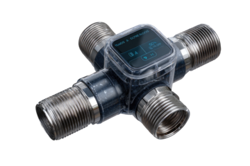 Transparent cross-shaped device with a digital display.  Four metal connectors radiate from a central square unit