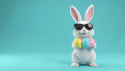 Obraz premium Easter Celebration, Rabbit with Sunglasses, Studio, Photo, Colorful Background, Front View, Fun and Playful Theme