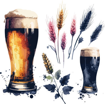 Watercolor Beer Glasses and Wheat Ears Illustration Craft Beer Concept Oktoberfest Design Ale Lager Dark Beer Brew Isolated on White Background