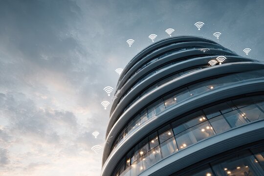 Modern building with wifi network overlay