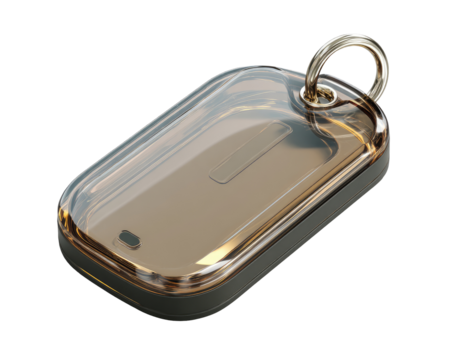 Clear, tan-toned rectangular key fob, encased in a protective, slightly translucent cover.  A metal ring for attachment is visible