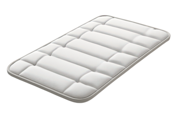 A rectangular, off-white mattress pad.  It features vertical, quilted rows of raised padding, creating a textural look.  Soft, smooth edges