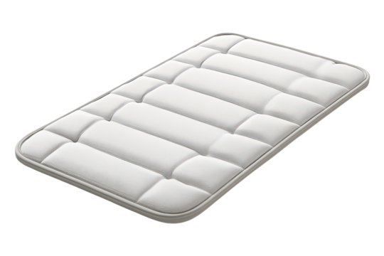 A rectangular, off-white mattress pad.  It features vertical, quilted rows of raised padding, creating a textural look.  Soft, smooth edges
