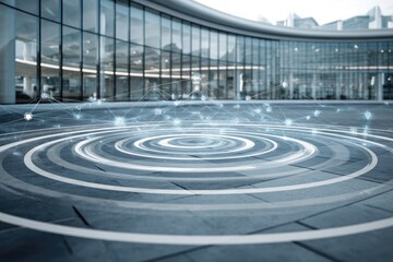 Modern building exterior with digital network graphic