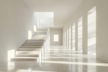 Minimalist white interior with geometric shapes and natural light effects