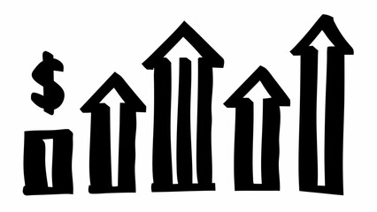 Black and white illustration showing a dollar sign and rising bar graph with arrowheads pointing up | editable eps vectors silhouette