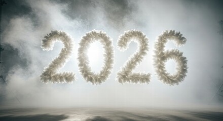 2026 Number in Feathers, Illuminated and Surrounded by Fog for New Year Concept