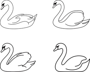 Set of graceful swan illustrations. Four black and white vector line drawings of swans in different poses, perfect for nature, wildlife, or elegant design projects.