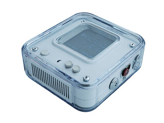 Small, square, light-gray device encased in clear plastic.  A digital display shows text and numbers. Two round buttons, and a small red button are visible