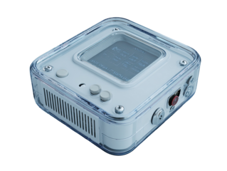 Small, square, light-gray device encased in clear plastic.  A digital display shows text and numbers. Two round buttons, and a small red button are visible
