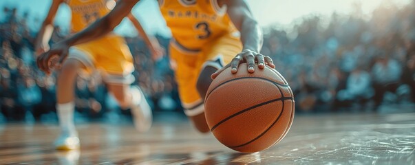 Dynamic action shot of a basketball in a high-intensity game moment