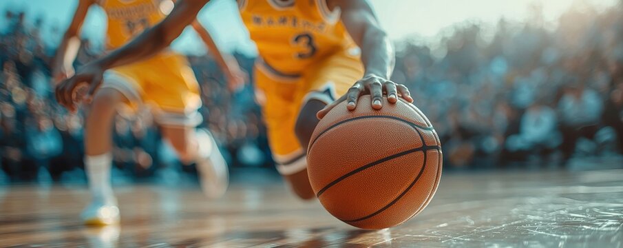 Dynamic action shot of a basketball in a high-intensity game moment