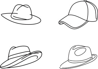Set of different hats. Four black and white vector line art illustrations of a fedora, fedora hat, and baseball caps, perfect for fashion, accessories, or lifestyle-themed designs.