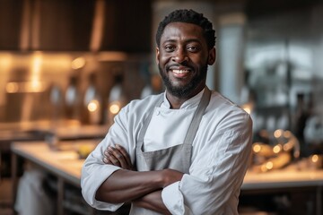 Fototapeta premium Portrait of smiling African American male chef with crossed arms wearing white uniform and grey apron standing with crossed arms in professional kitchen on background with warm lights. 