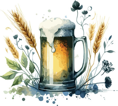 Watercolor Beer Mug Illustration with Wheat Stalks and Floral Accents Celebrating Oktoberfest and Craft Brewing Traditions with Artistic Flair