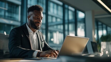 A smiling African American businessman working on a laptop in a modern office setting wearing earbuds. Middle aged male employee with headphones typing something on a computer.
